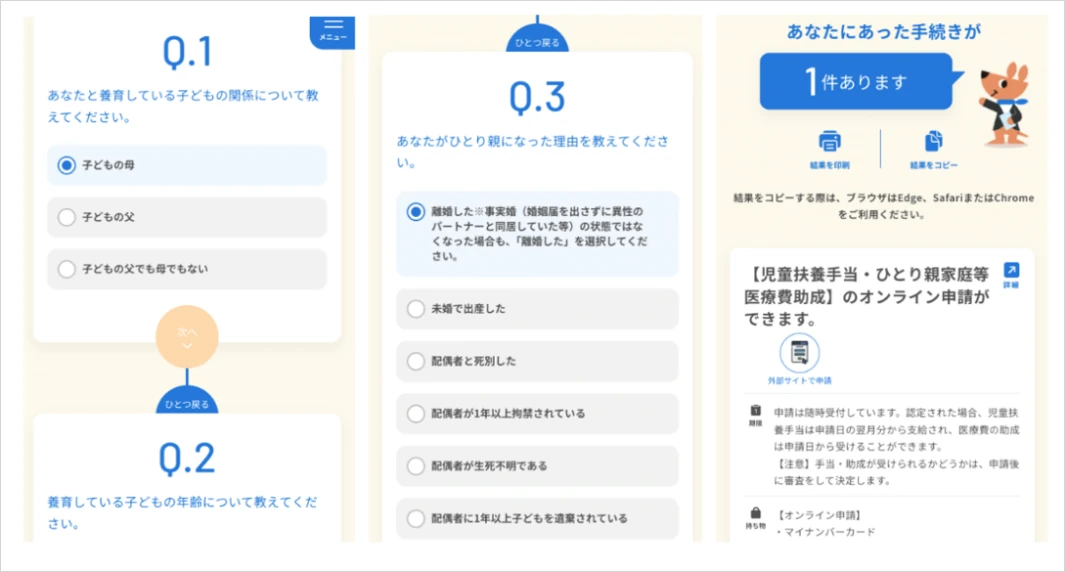 選択式の質問に回答していくだけで、対象の手続きがわかる
